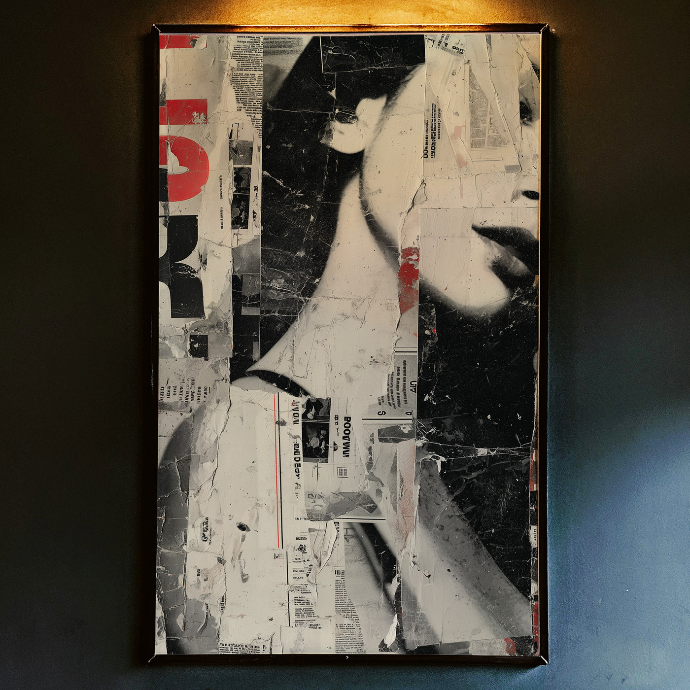 Grunge collage art print featuring a fragmented black and white woman's face layered with torn newspaper clippings and red typography, created by Artazyn.