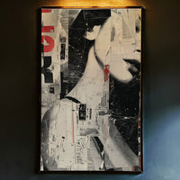 Grunge collage art print featuring a fragmented black and white woman's face layered with torn newspaper clippings and red typography, created by Artazyn.