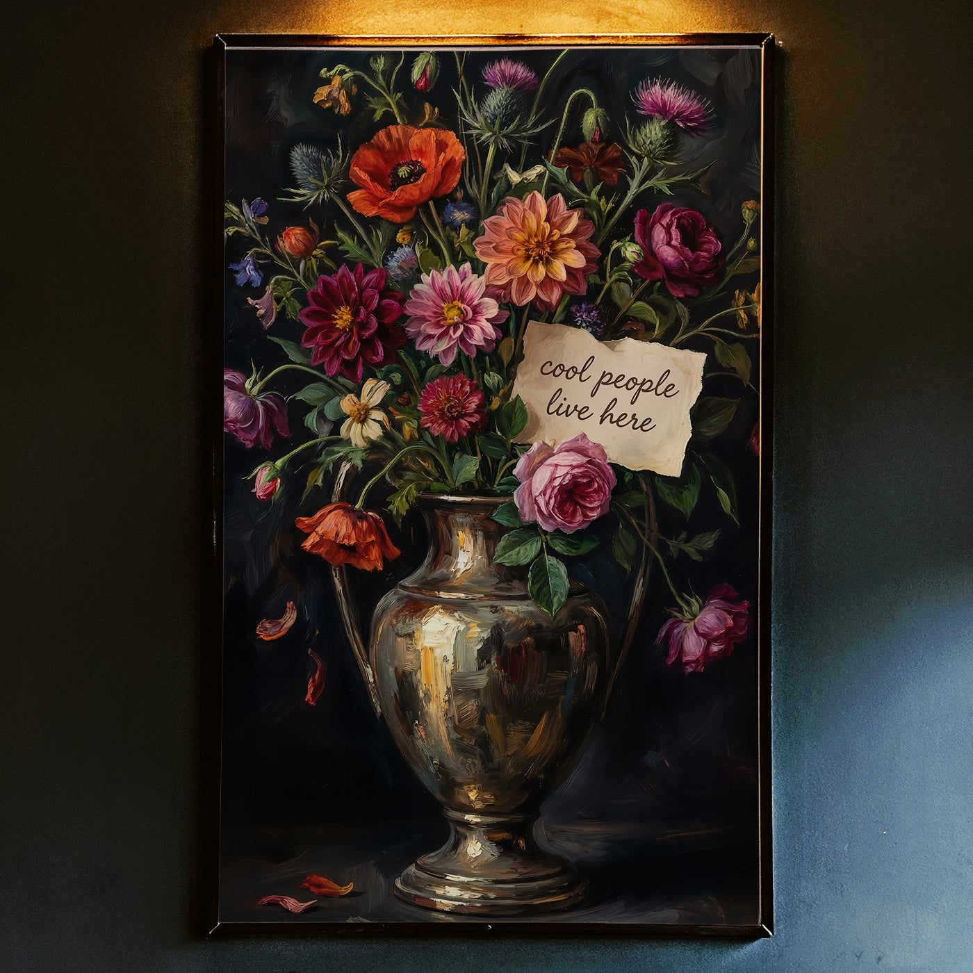 Decorative still life painting with flowers and a vase on a wooden table against a dark green wall.