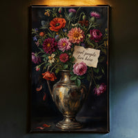 Decorative still life painting with flowers and a vase on a wooden table against a dark green wall.
