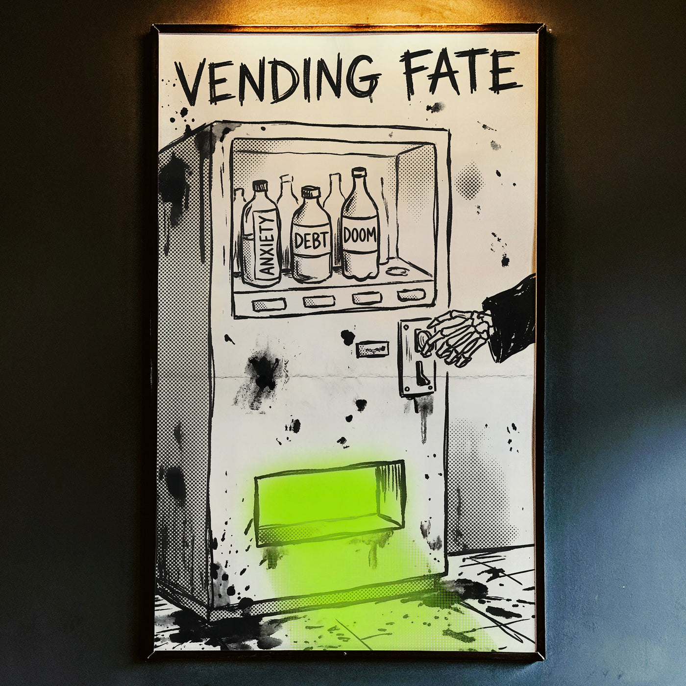 Gritty sketch-style illustration of a vending machine labeled "VENDING FATE" stocked with bottles of Anxiety, Debt, and Doom, being operated by a skeleton hand, with a neon green glow coming from the dispensing slot.