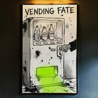 Gritty sketch-style illustration of a vending machine labeled "VENDING FATE" stocked with bottles of Anxiety, Debt, and Doom, being operated by a skeleton hand, with a neon green glow coming from the dispensing slot.