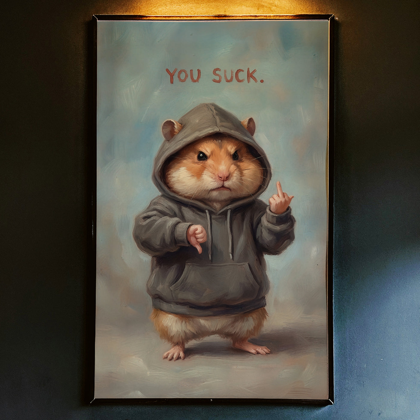 Oil painting style illustration of a cute hamster wearing a grey hoodie, giving a thumbs down with one hand and a middle finger with the other, under the text "YOU SUCK."