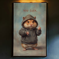 Oil painting style illustration of a cute hamster wearing a grey hoodie, giving a thumbs down with one hand and a middle finger with the other, under the text "YOU SUCK."