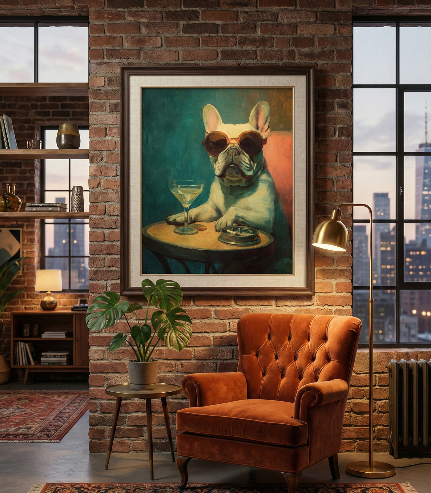 Oil painting style art print of a white French Bulldog wearing round sunglasses sitting at a table with a martini glass and an ashtray, created by Artazyn.