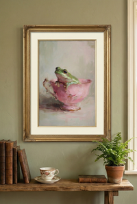 An impressionistic oil painting of a green tree frog sitting inside a vintage pink teacup with gold trim, featuring thick visible brushstrokes and a moody atmospheric background, created by Artazyn.