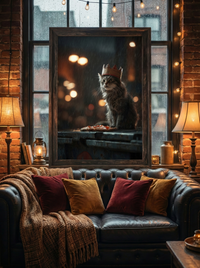 Painting of a scruffy grey cat wearing a cardboard crown sitting in the rain with a slice of pepperoni pizza.