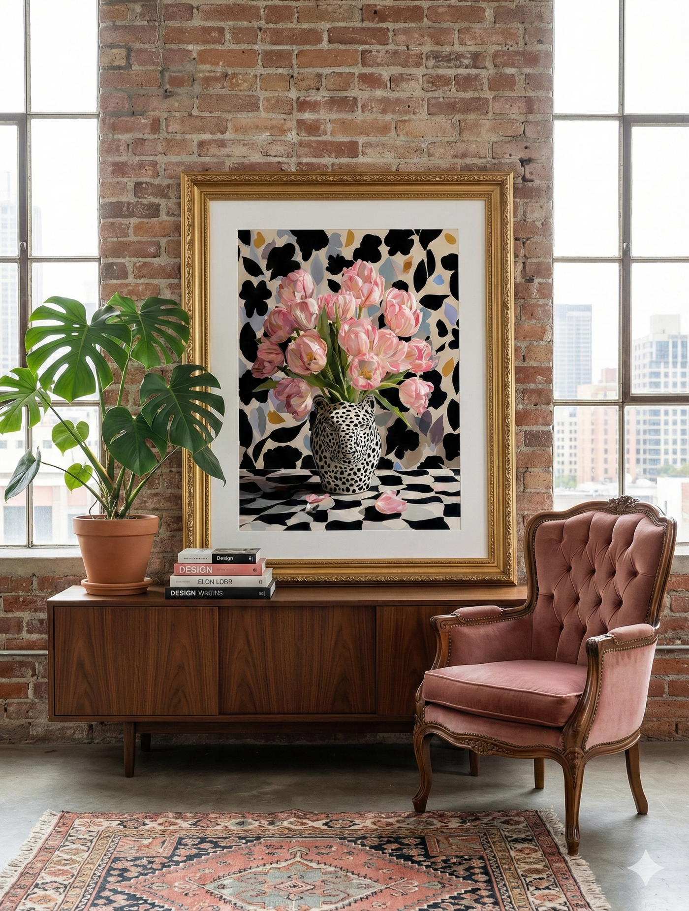 Bold maximalist art print featuring a black and white leopard head vase filled with pink tulips against a patterned background, created by Artazyn.