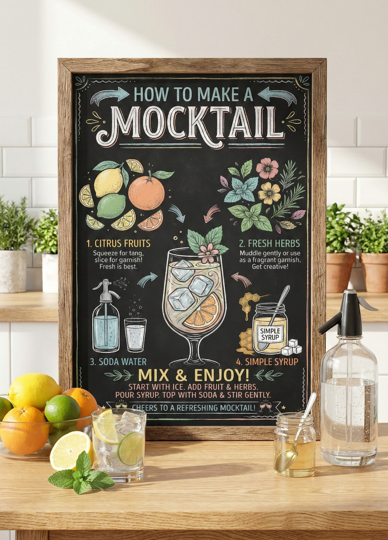 Colorful chalkboard-style infographic titled "How to Make a Mocktail" featuring illustrations of citrus fruits, fresh herbs, soda water, and simple syrup with mixing instructions.