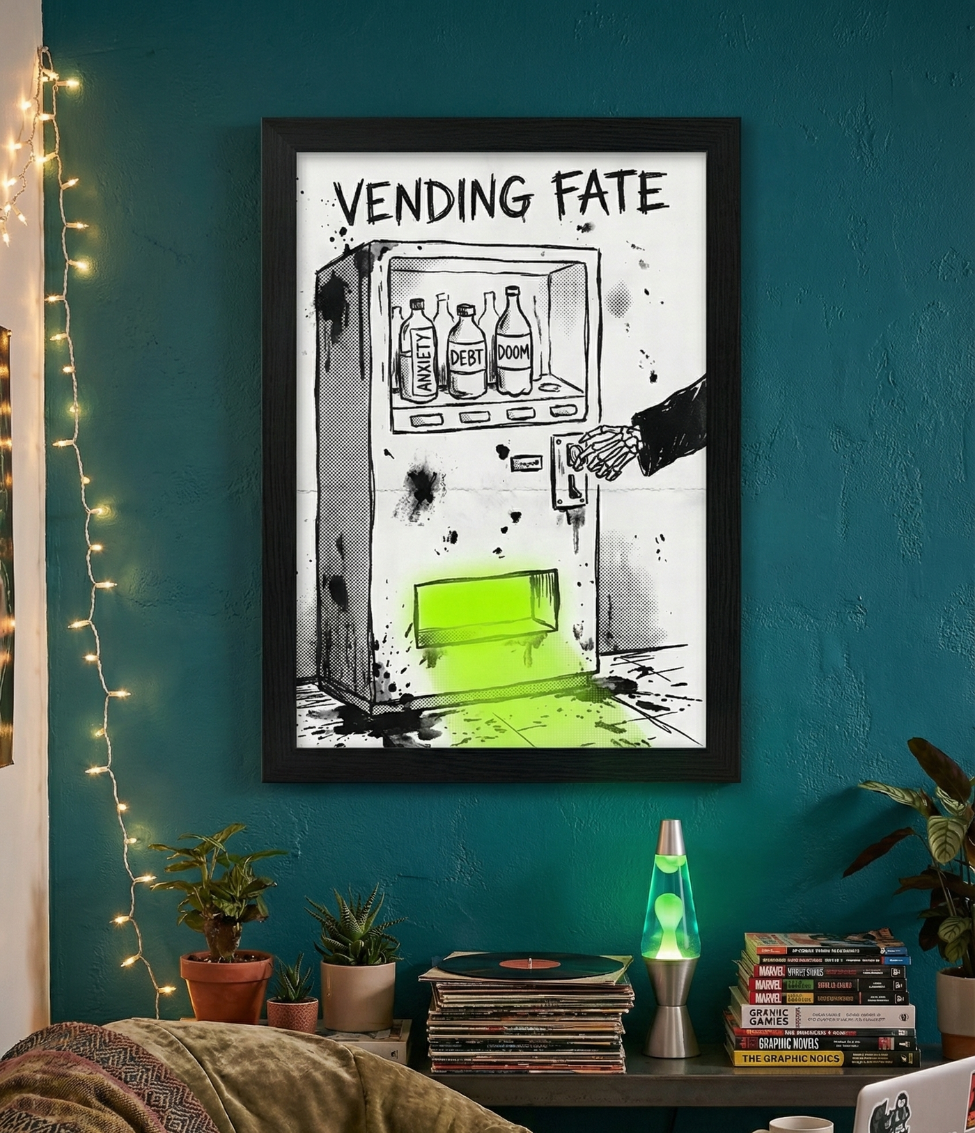 Gritty sketch-style illustration of a vending machine labeled "VENDING FATE" stocked with bottles of Anxiety, Debt, and Doom, being operated by a skeleton hand, with a neon green glow coming from the dispensing slot.