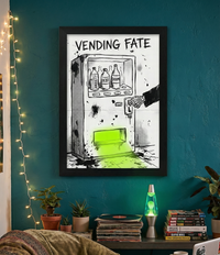 Gritty sketch-style illustration of a vending machine labeled "VENDING FATE" stocked with bottles of Anxiety, Debt, and Doom, being operated by a skeleton hand, with a neon green glow coming from the dispensing slot.