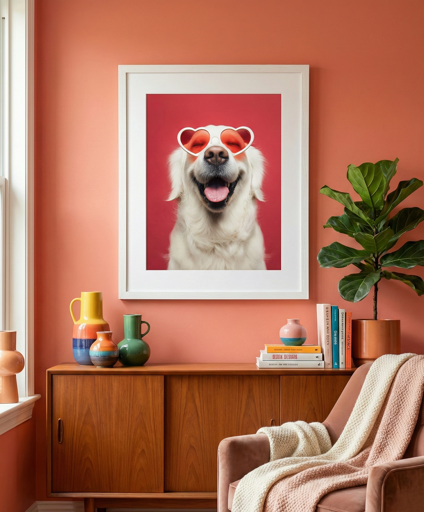 Photography-style portrait of a happy white Golden Retriever smiling with its mouth open, wearing red heart-shaped sunglasses against a solid red background.