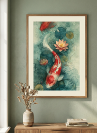 High-contrast watercolor art print of a red and white koi fish swimming in a teal pond with pink water lilies, created by Artazyn in Enfield, CT.