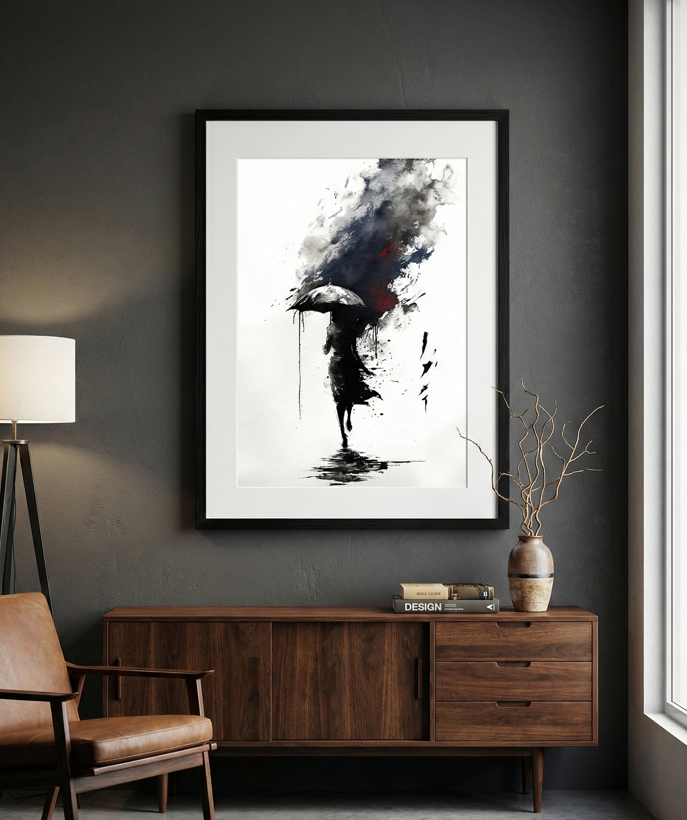 Abstract ink wash art print of a silhouetted woman walking with an umbrella amidst black ink splatters and a dark red storm cloud, created by Artazyn.