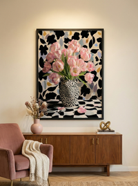 Bold maximalist art print featuring a black and white leopard head vase filled with pink tulips against a patterned background, created by Artazyn.