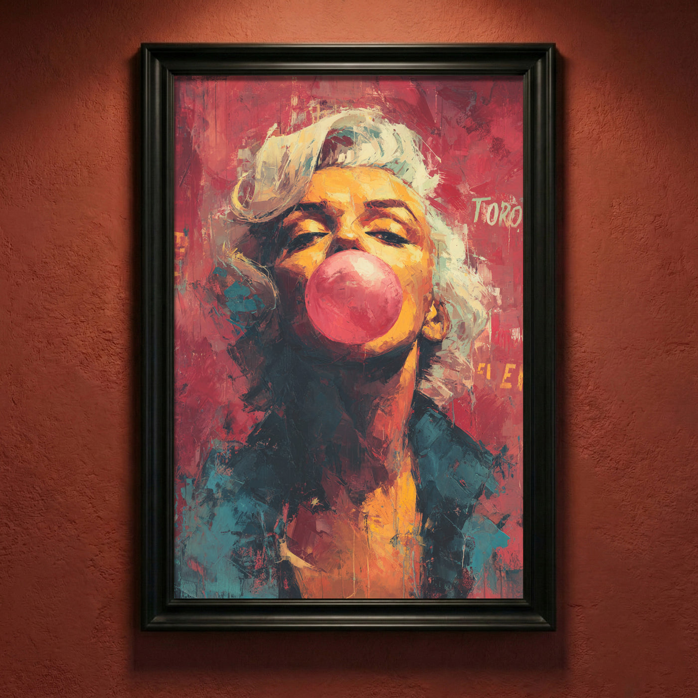Stylized street art portrait of Marilyn Monroe blowing a pink bubblegum bubble, graffiti style wall art.