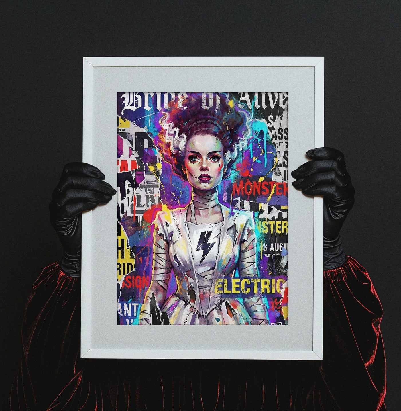Vibrant street art collage print of the Bride of Frankenstein with "Bride of Alive" and "Electric" text, featuring graffiti elements and bright colors, created by Artazyn.
