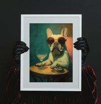 Oil painting style art print of a white French Bulldog wearing round sunglasses sitting at a table with a martini glass and an ashtray, created by Artazyn.