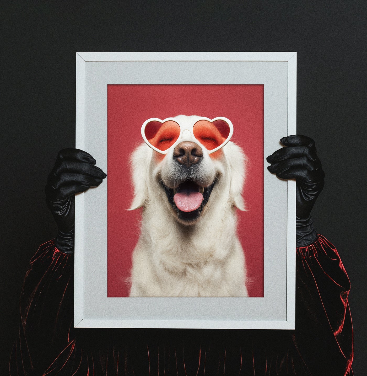 Photography-style portrait of a happy white Golden Retriever smiling with its mouth open, wearing red heart-shaped sunglasses against a solid red background.