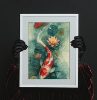High-contrast watercolor art print of a red and white koi fish swimming in a teal pond with pink water lilies, created by Artazyn in Enfield, CT.