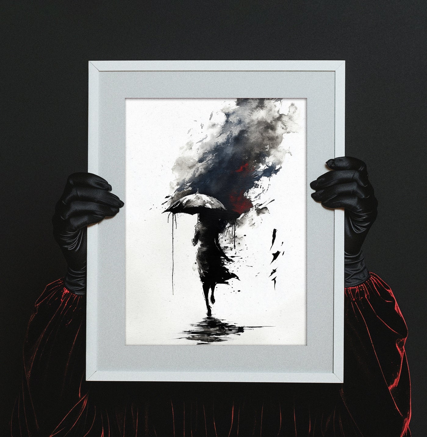 Abstract ink wash art print of a silhouetted woman walking with an umbrella amidst black ink splatters and a dark red storm cloud, created by Artazyn.