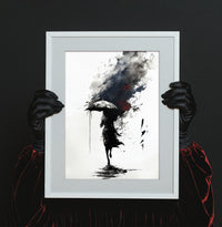 Abstract ink wash art print of a silhouetted woman walking with an umbrella amidst black ink splatters and a dark red storm cloud, created by Artazyn.