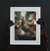 Realistic art print of a pigeon wearing a gold paper crown standing on a rusty metal bin with blurred city lights in the background, created by Artazyn.
