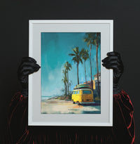 Painterly illustration of a sun-drenched California beach scene featuring tall palm trees, vintage VW-style buses in yellow and blue, and surfers walking toward a warm sunset.