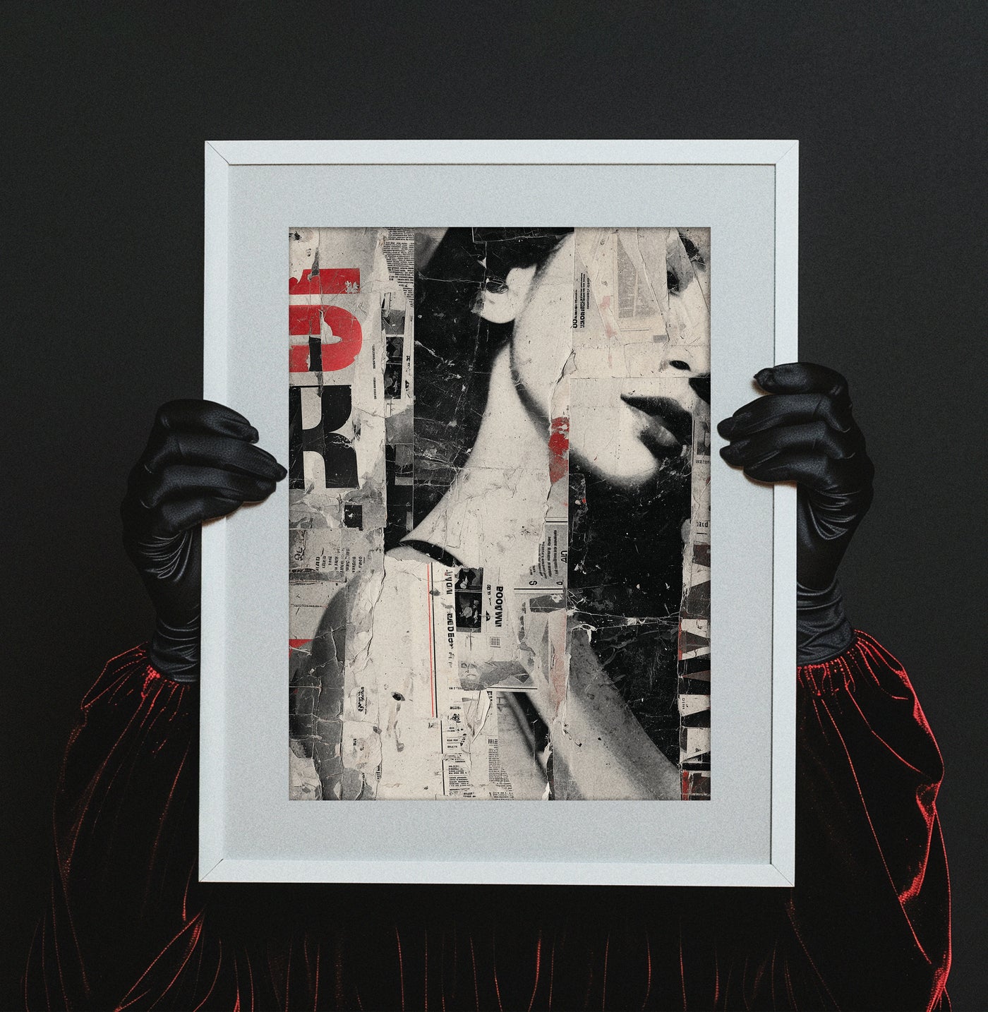 Grunge collage art print featuring a fragmented black and white woman's face layered with torn newspaper clippings and red typography, created by Artazyn.