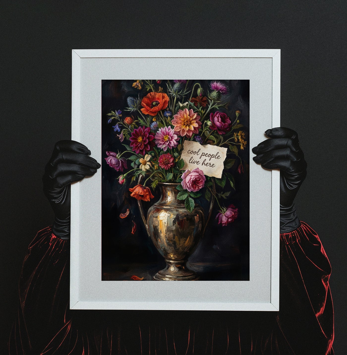 Decorative still life painting with flowers and a vase on a wooden table against a dark green wall.