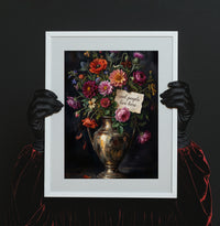 Decorative still life painting with flowers and a vase on a wooden table against a dark green wall.