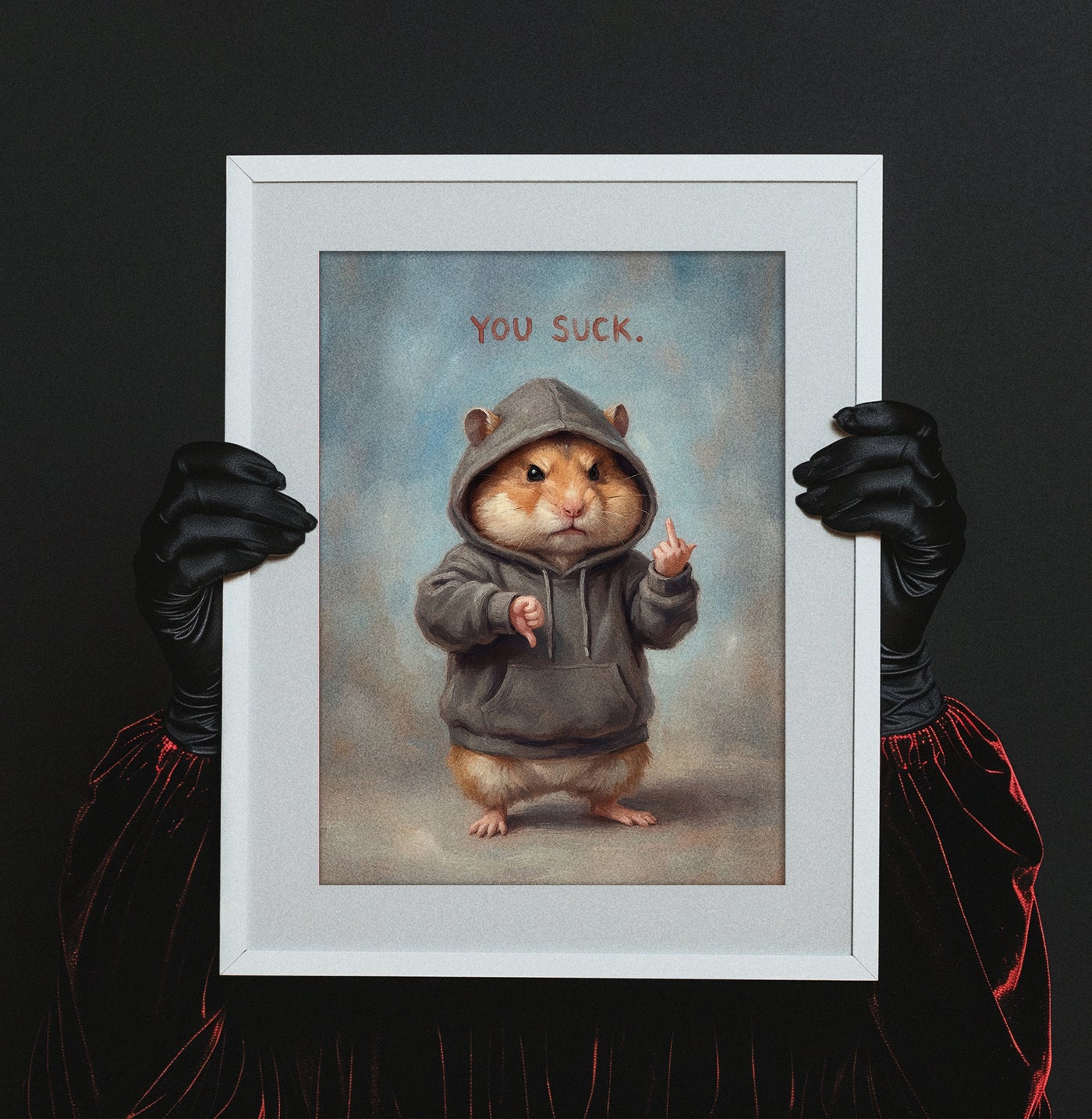 Oil painting style illustration of a cute hamster wearing a grey hoodie, giving a thumbs down with one hand and a middle finger with the other, under the text "YOU SUCK."