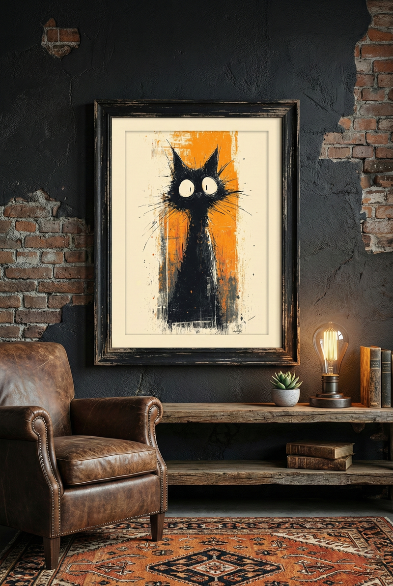Black cat on an orange background in a room with a leather armchair and brick wall.