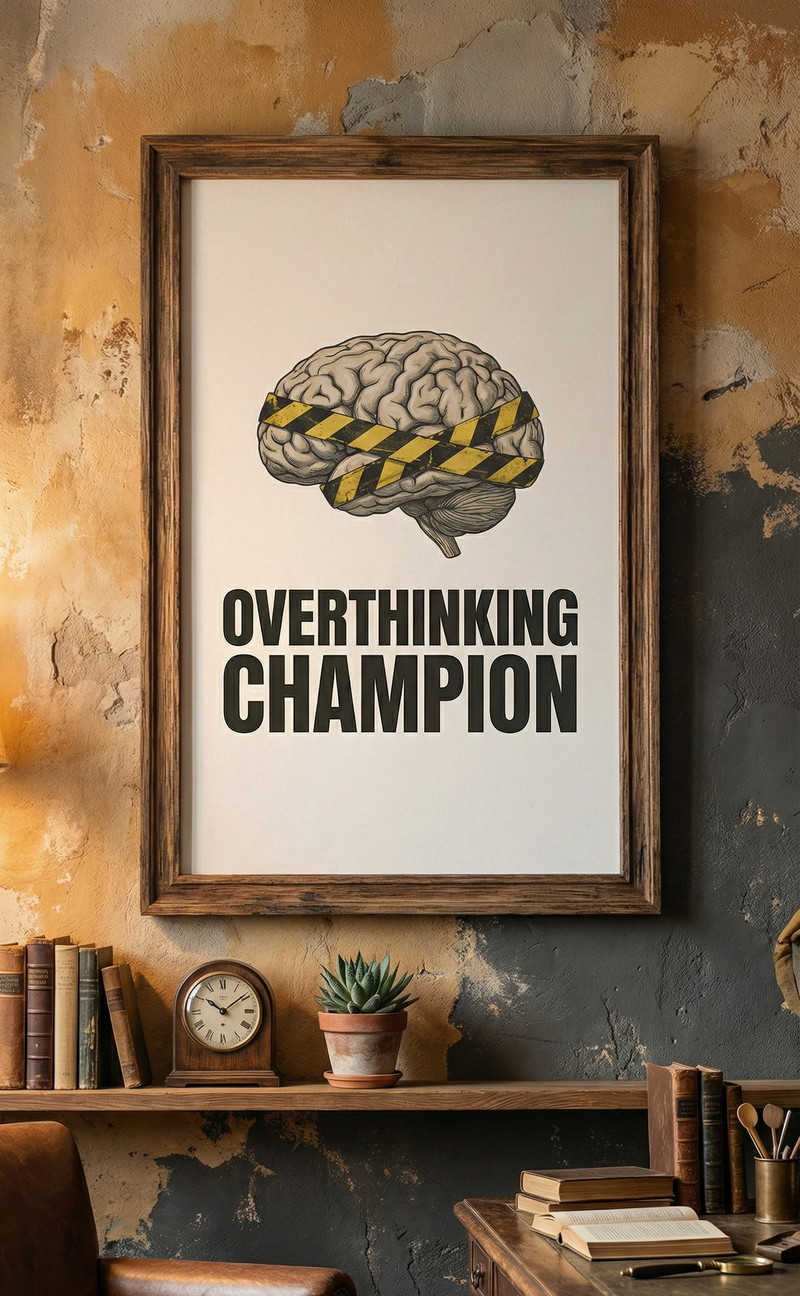 Framed poster with brain illustration and 'Overthinking Champion' text on a rustic wall.