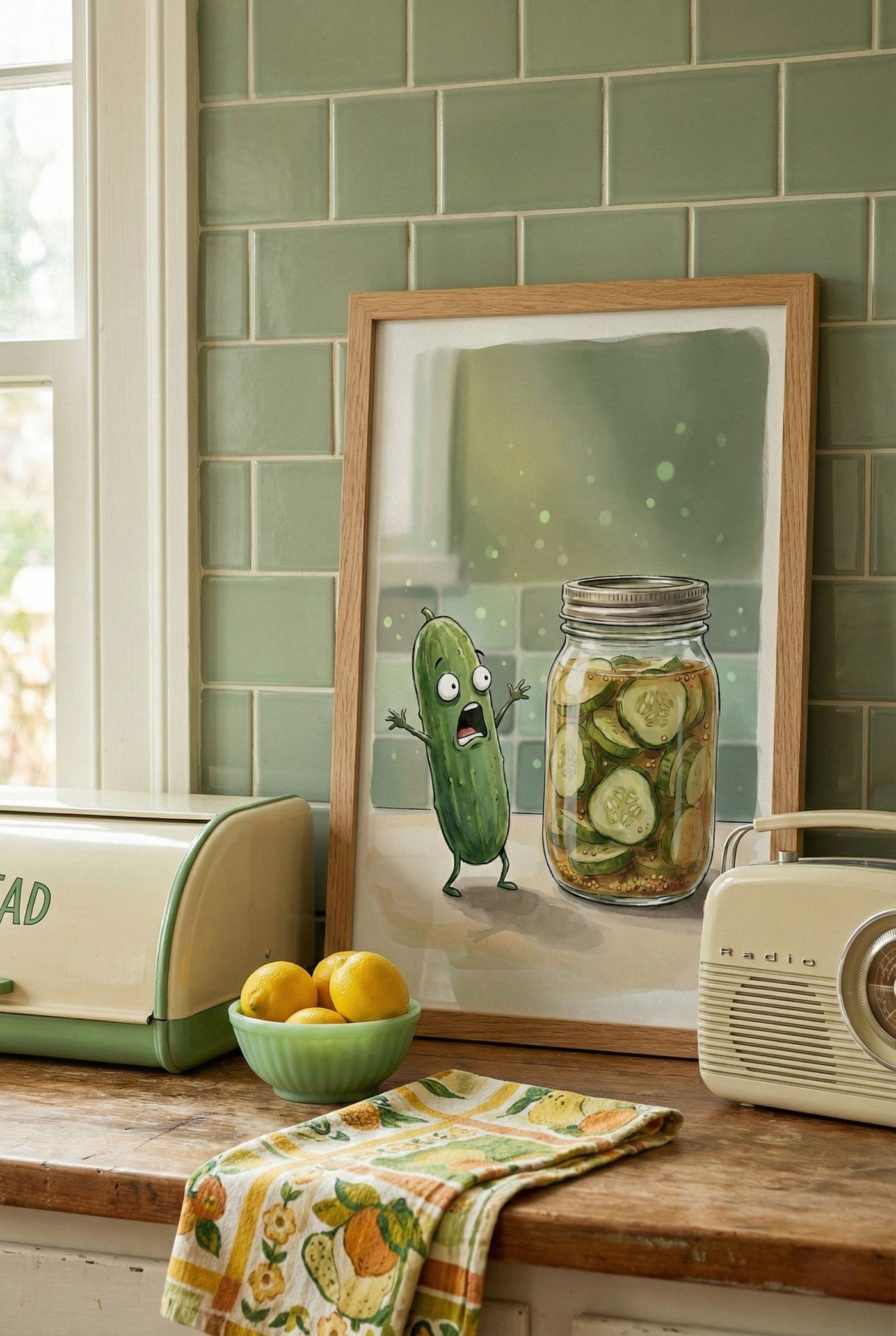 Cartoon illustration of a scared pickle screaming next to a jar of pickled cucumber slices, funny kitchen wall art.
