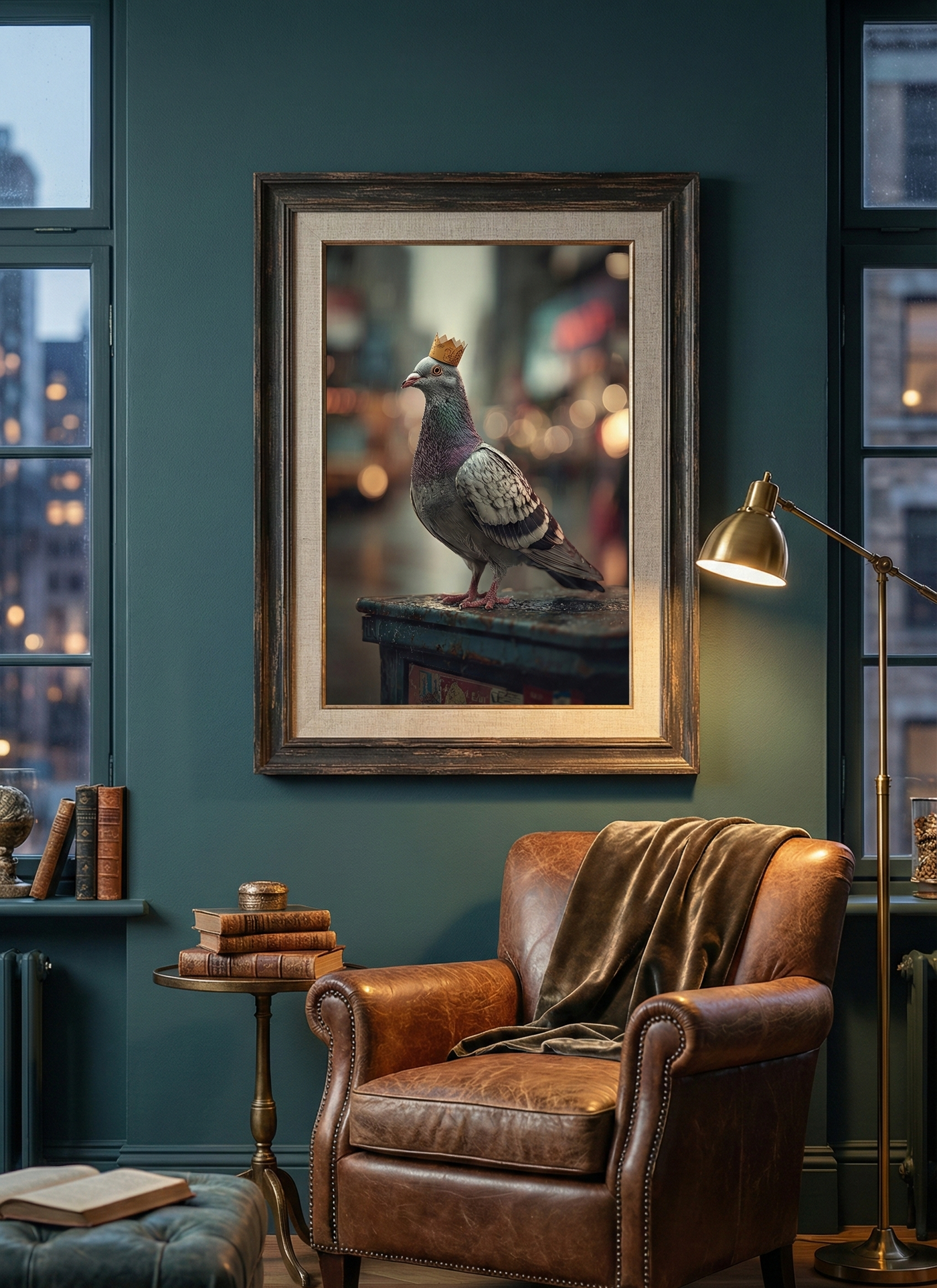 Realistic art print of a pigeon wearing a gold paper crown standing on a rusty metal bin with blurred city lights in the background, created by Artazyn.