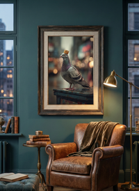 Realistic art print of a pigeon wearing a gold paper crown standing on a rusty metal bin with blurred city lights in the background, created by Artazyn.