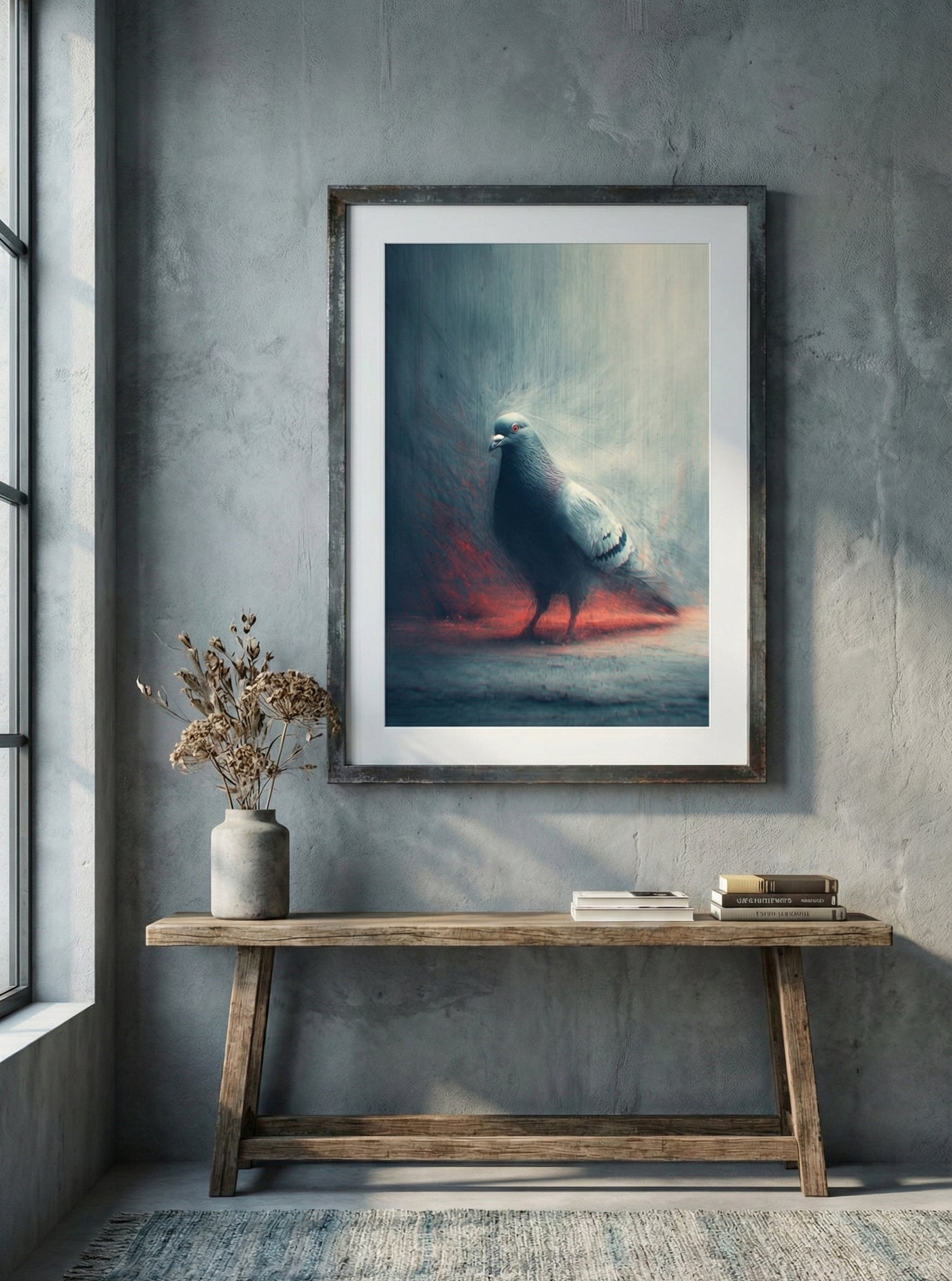 Grainy flash-photography style portrait of a pigeon with blue and red lighting, gritty urban wall art.