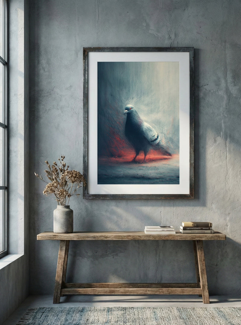 Grainy flash-photography style portrait of a pigeon with blue and red lighting, gritty urban wall art.