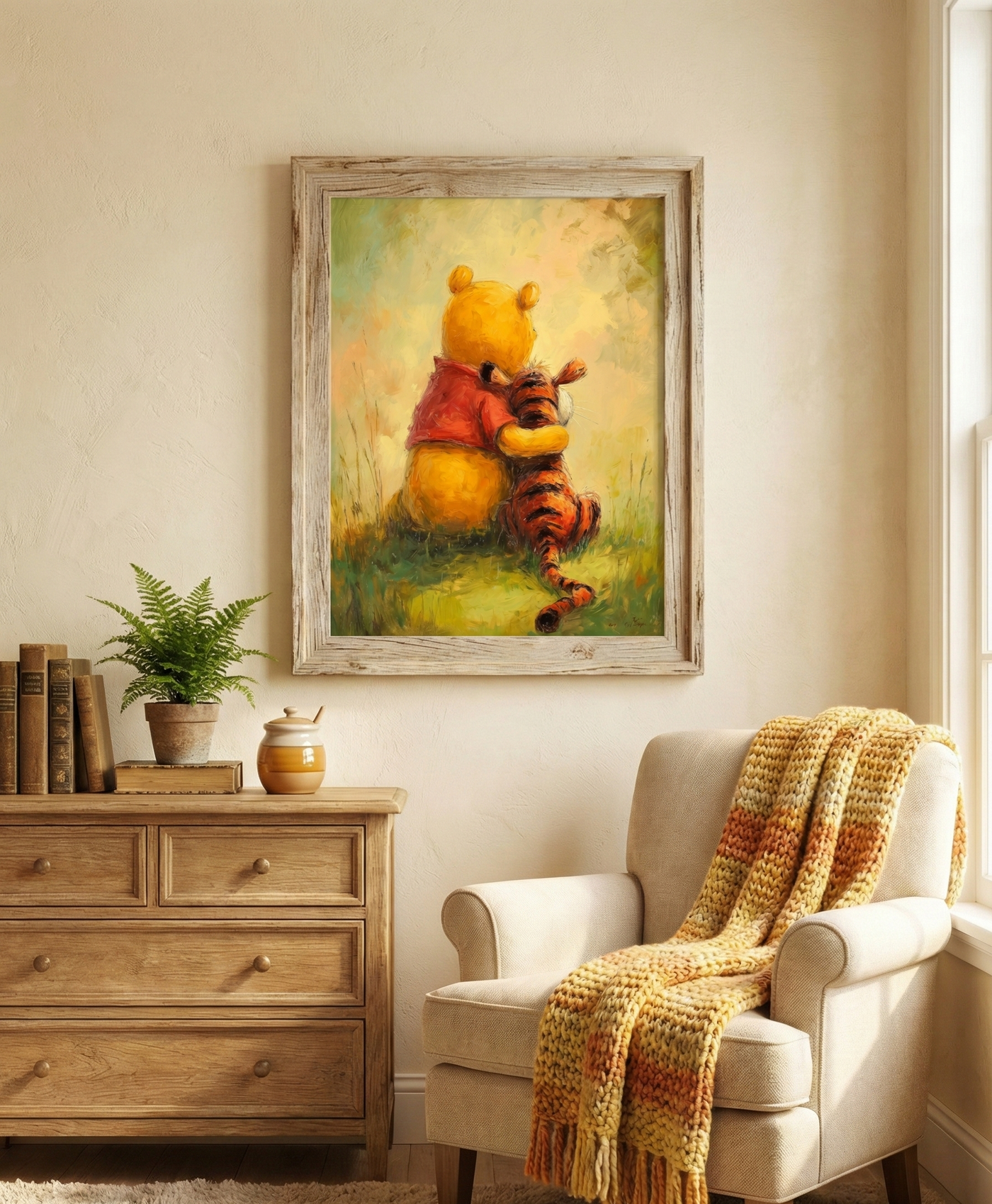 An impressionistic oil-painting style illustration of a yellow bear and an orange tiger sitting side-by-side on green grass, viewed from behind, looking into a soft hazy distance.