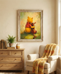 An impressionistic oil-painting style illustration of a yellow bear and an orange tiger sitting side-by-side on green grass, viewed from behind, looking into a soft hazy distance.