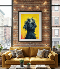 Vibrant pop art style print of a scruffy black dog looking up with soulful eyes against a distressed yellow background with halftone patterns.