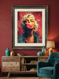 Stylized street art portrait of Marilyn Monroe blowing a pink bubblegum bubble, graffiti style wall art.