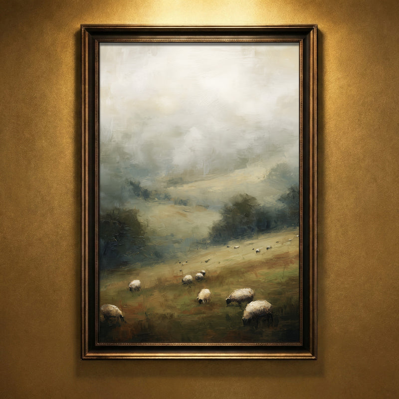 Painterly landscape of sheep grazing on rolling hills covered in thick morning fog, moody pastoral wall art.