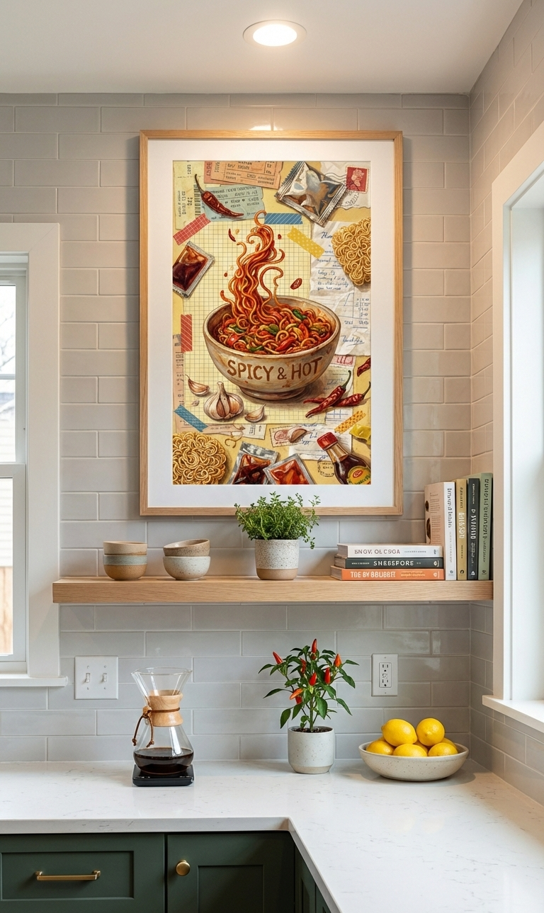 Collage style art print of a bowl of spicy ramen noodles labeled "SPICY & HOT" with floating noodles, garlic, and chili peppers against a background of receipts and train tickets.