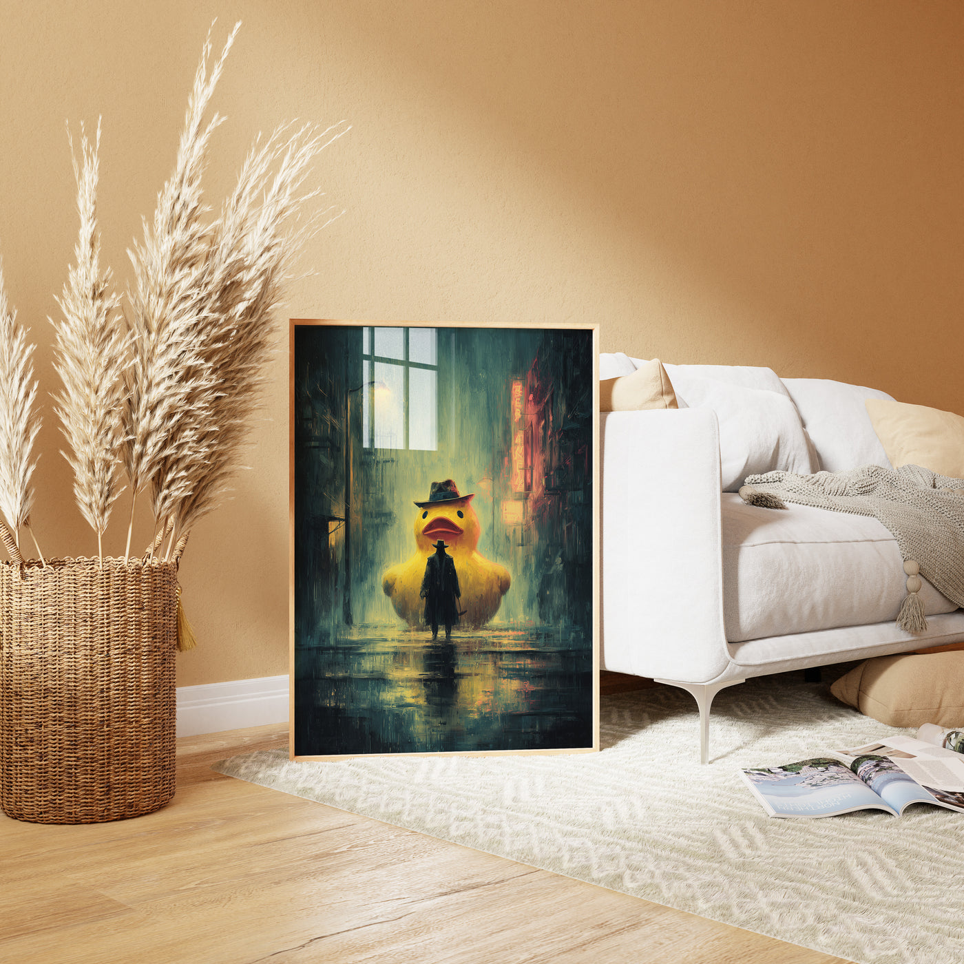 Cinematic film noir painting of a giant yellow rubber duck wearing a fedora looming over a silhouette on a rainy neon city street.