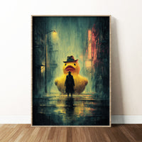 Cinematic film noir painting of a giant yellow rubber duck wearing a fedora looming over a silhouette on a rainy neon city street.
