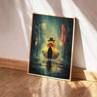 Cinematic film noir painting of a giant yellow rubber duck wearing a fedora looming over a silhouette on a rainy neon city street.