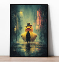 Cinematic film noir painting of a giant yellow rubber duck wearing a fedora looming over a silhouette on a rainy neon city street.