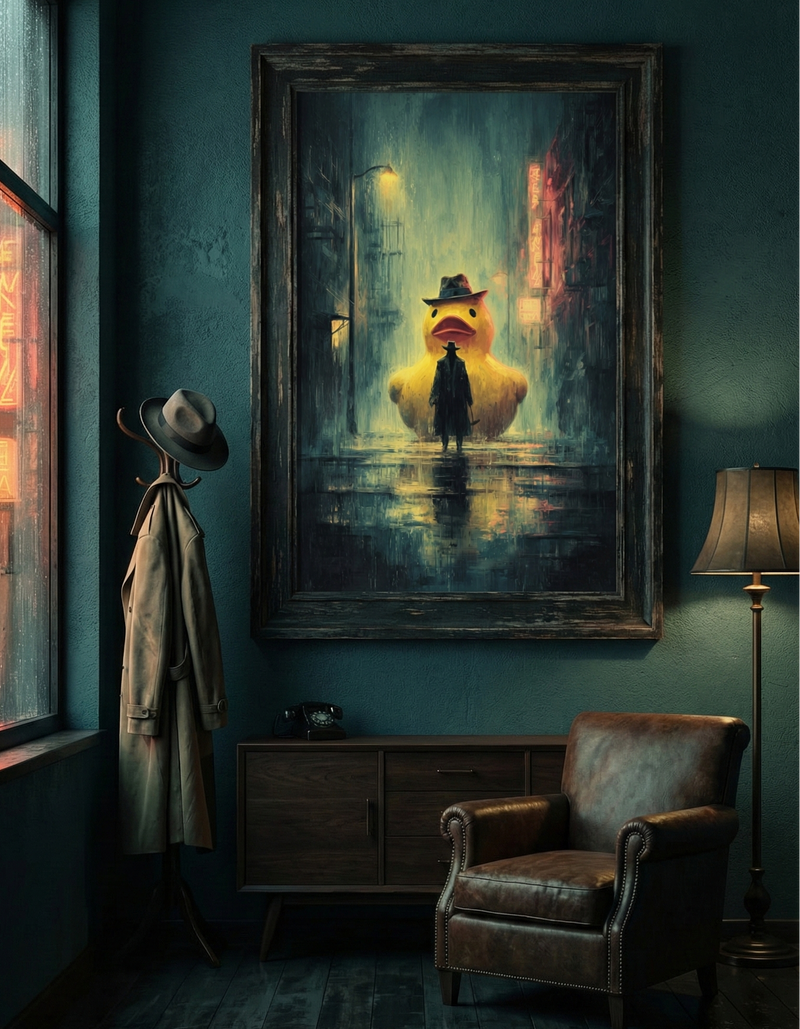 Cinematic film noir painting of a giant yellow rubber duck wearing a fedora looming over a silhouette on a rainy neon city street.